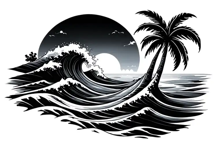 Ocean Waves With Sunset And Palm Tree