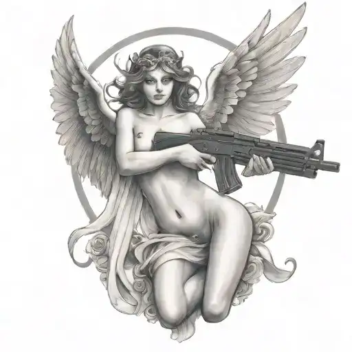 Beautiful Angel Flying Eyes Open Aiming Ak47 Nude