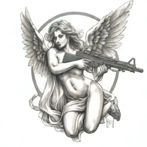 Beautiful Angel Flying Aiming Ak47 Nude Spread Out