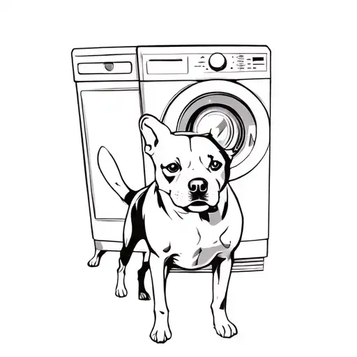 A Black Dog Standing In Front Of A Washing Machine