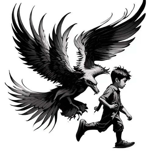 Phoenix Flying And Boy Child Walking