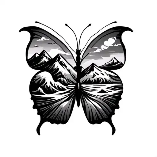 Butterfly With Mountains On One Wing And Waves On The Other