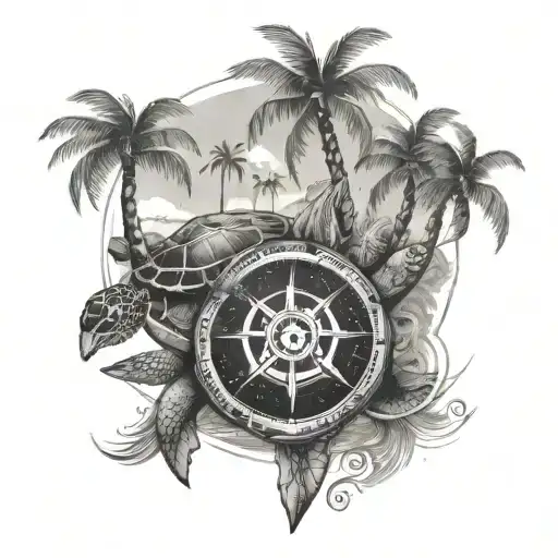 The Island With Palm Trees And The Wind Rose Are Located On The Turtle