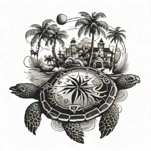 An Island With Palm Trees And The Wind Rose Stand On A Turtle