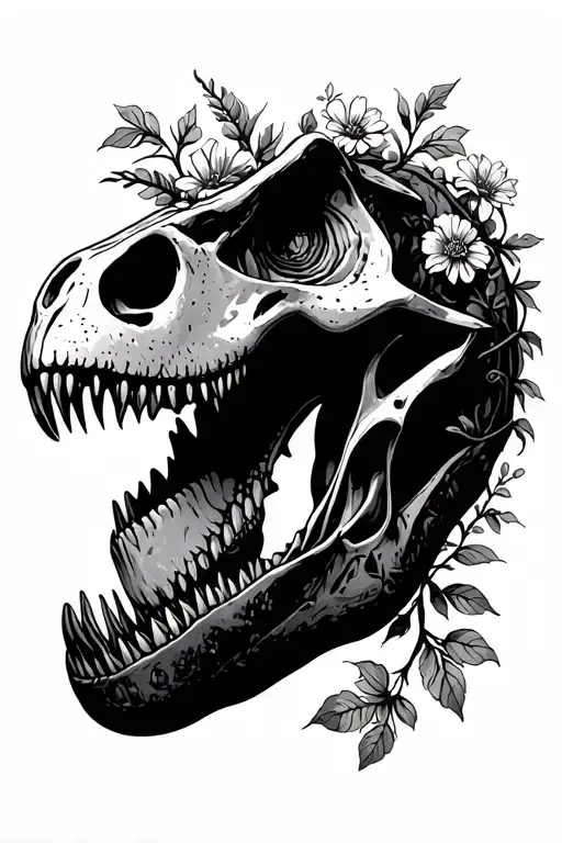 T-rex Skull Surrounded By Flowers And Vines Growing