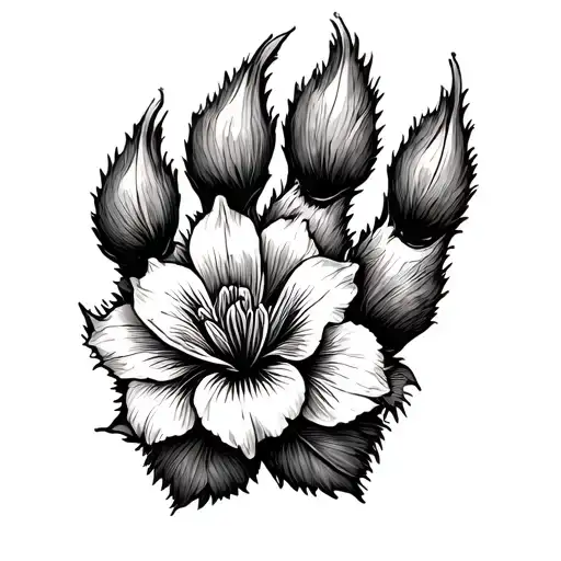Minimalistic Line Drawing Dog Paw With Iris Flower Intertwined