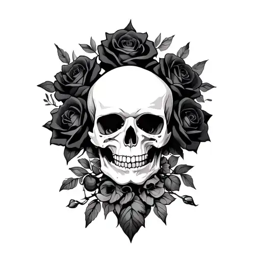 Skull And Black Roses Closed Around The Neck
