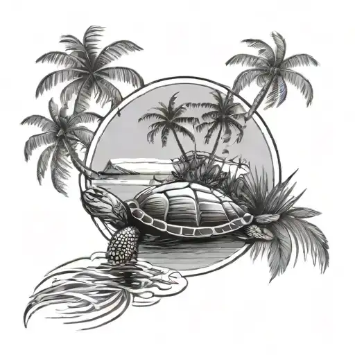 Wind Rose Under The Island With Palm Trees Standing On A Turtle