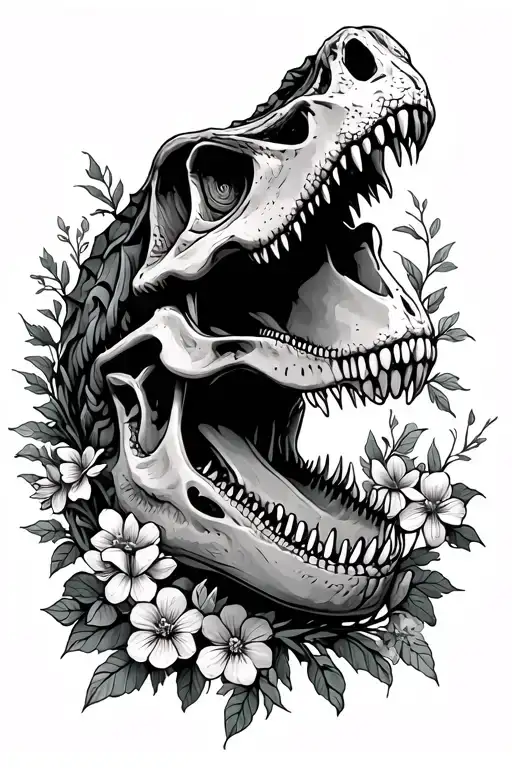 T-rex Skull Surrounded By Flowers And Vines Growing