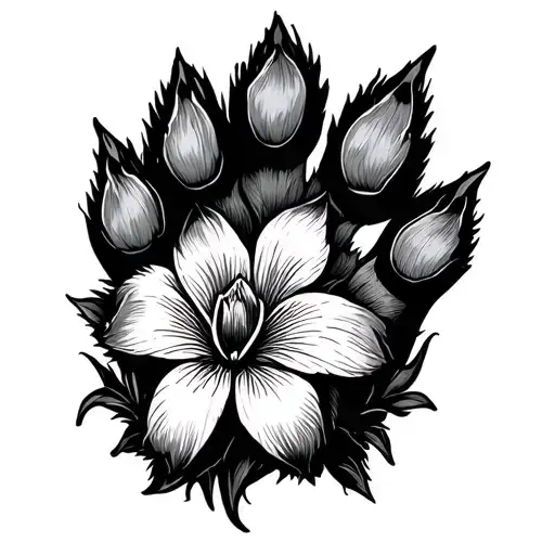 Minimalistic Line Drawing Dog Paw With Iris Flower Intertwined