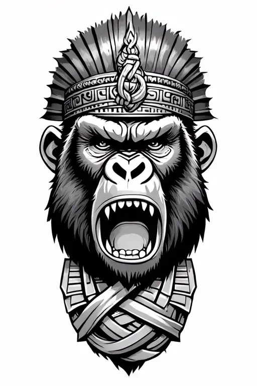 Crowned Angry Gorilla With Teeth On Egyptian Armor Tattoo Design Featuring Monkey Knot