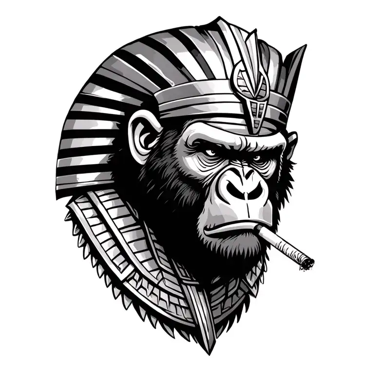Crowned Angry Gorilla Wearing Egyptian Armor Smoking Cigarette