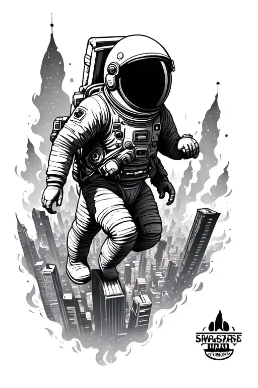 Astronaut Floating Above Burning City