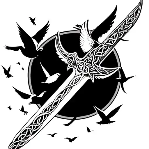 Celtic Sword Disolves Into Birds Flying Away