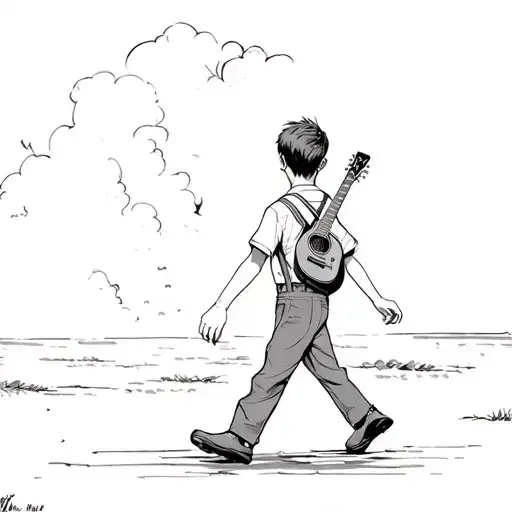 Boy Walking Away Wearing A Shirt And Suspenders Wearing A Guitar On His Back