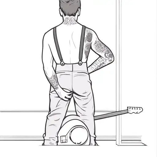 Man Standing With His Back To You Wearing Suspenders Wearing A Guitar On His Back
