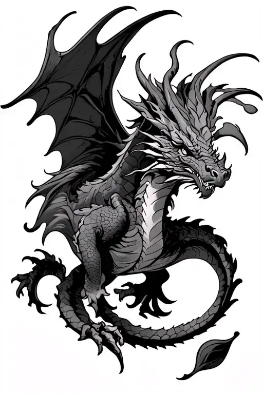 Chest Tattoo Of Dragon Flying Downwards With Wings Spread And Tail Curling Around