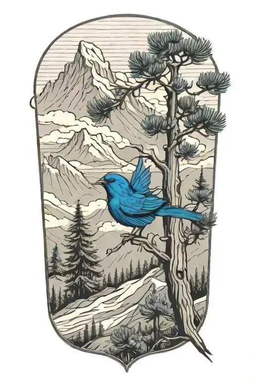 Whitepine Tree With Mountain Blue Bird Flying Away