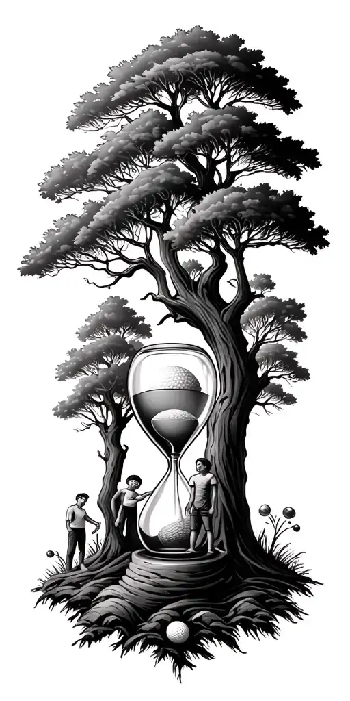 Oak Forest And Family Tree And Hour Glass Father With 3 Kids And Golf And