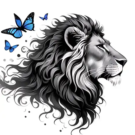 Feminine Lion With Butterflies Fluttering