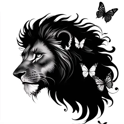 Feminine Lion With Butterflies Surrounding