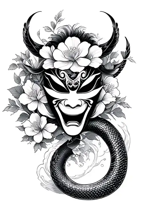 Hannya Mask Snake Waves Sakura Flowers