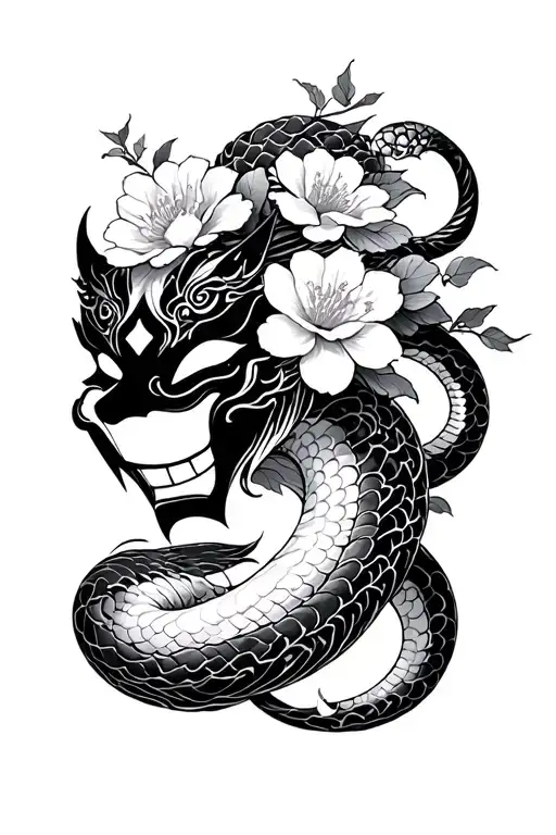 Hannya Mask Snake Waves Sakura Flowers