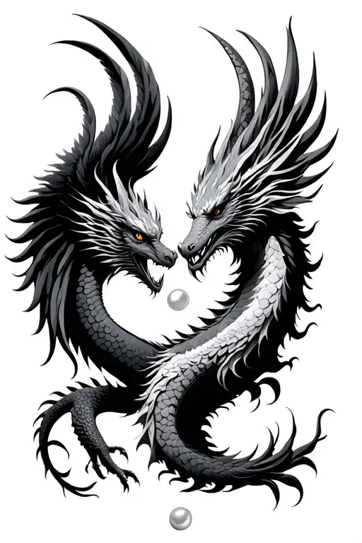 Phoenix Wing Deployed And Asian Dragon Face To Face With A Pearl Between Them
