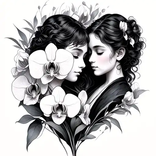 Mother And Son With Orchids Surrounding Them