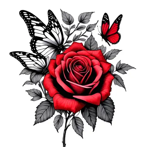 Black And Red Roses And Butterflies