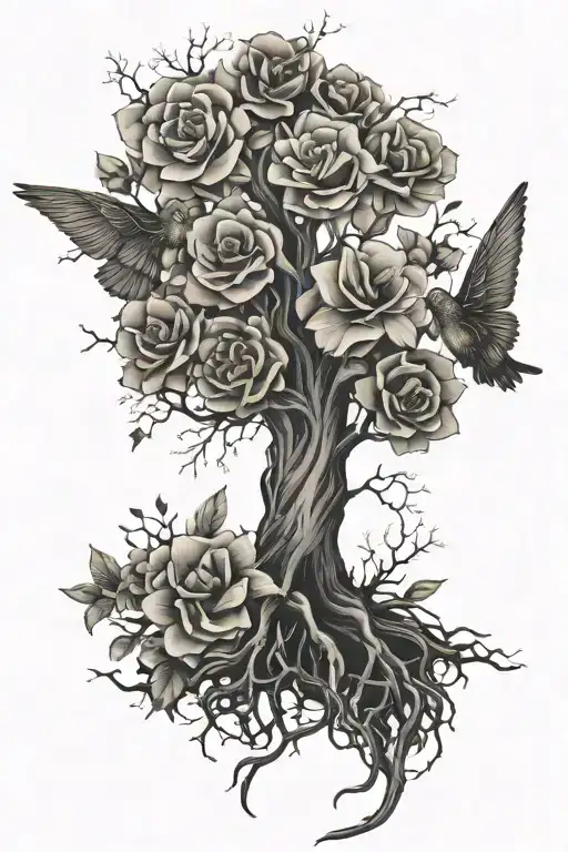 Flowers Wrapping Tree With Roots Spreading Their Wings