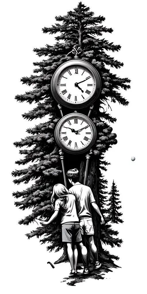 Pine Forest And Golf And Father And Mother And Daughter And Son And Daughter And Clock