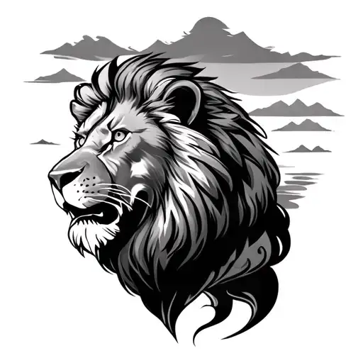 Lion And Scenery Tattoo Featuring