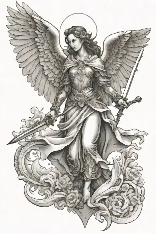 St Michale Archangel Female With Sword Going Down A Hill
