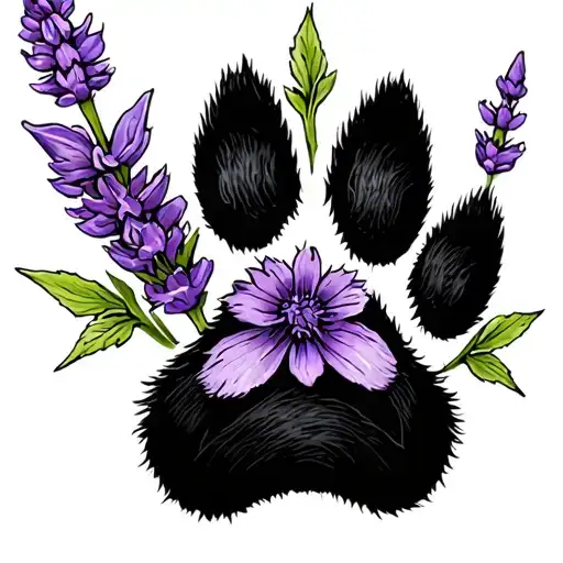 Small Cat Paw Print With Lavender Flower