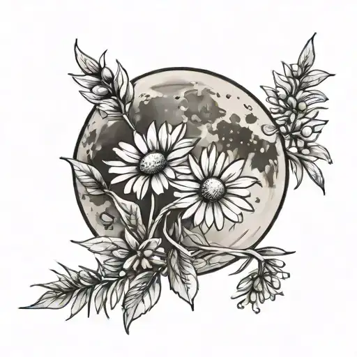Full Moon With Daisy Flowers And Olive Branch