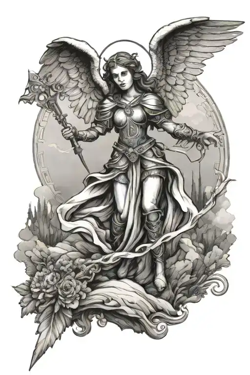 St Michale Archangel Beaty Female With Sword Going Down A Hill Front View