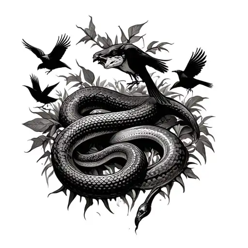 Injured And Bleeding Snake Moving Through Spiky Dangerous Vines And Leaves Whilst Crows Attack It