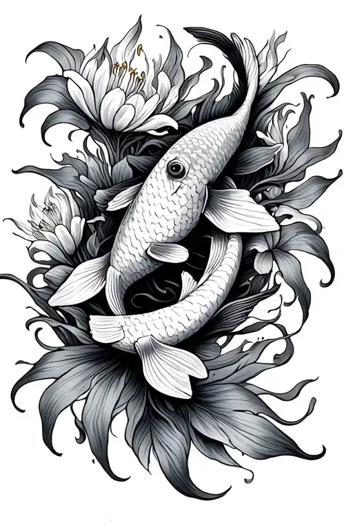 Koi Fish Amidst Flame Lilies Intertwined