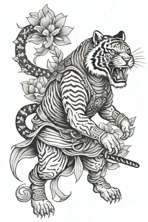 Samurai Tiger With A Lotus Flower Underneath