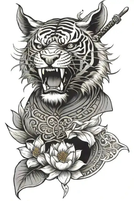 Samurai Tiger Head With A Lotus Flower Below