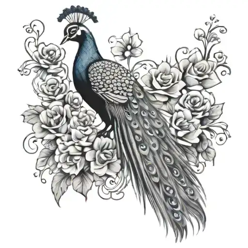 Peacock With Flowers