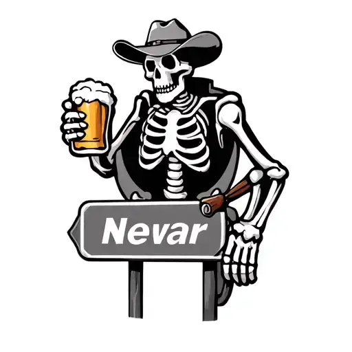 Cartoon Cowboy Skeleton Holding A Beer Leaning On A Highway Sign
