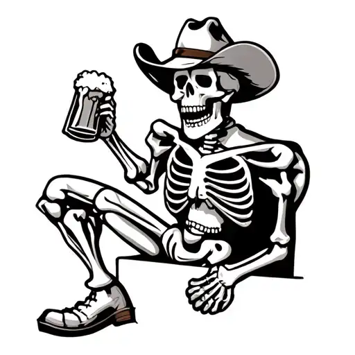 Cartoon Cowboy Skeleton Holding A Beer Leaning On A Wall