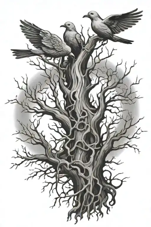 Dead Tree With Roots Doves And The Phrase Let Go Under It