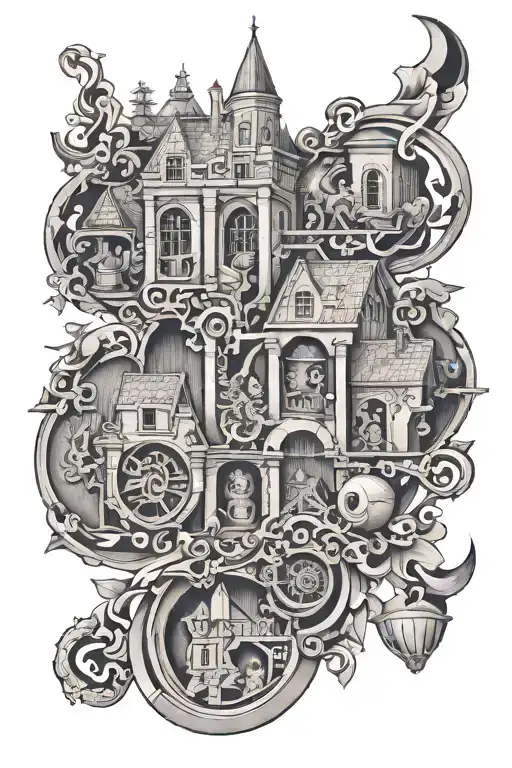 Full Arm Sleeve Black And Gray Tattoo Dutch Theme In The Artistic Style Of M C Escher