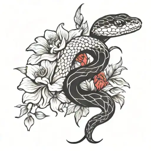 Snake And Flowers With Red And Black Inkt