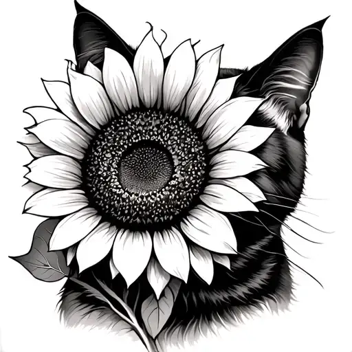 Sunflower And Cat In The Profile On The Side