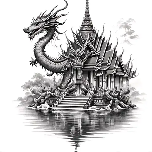 Thailand Temple Surrounded By Water Dragon And Family Tree