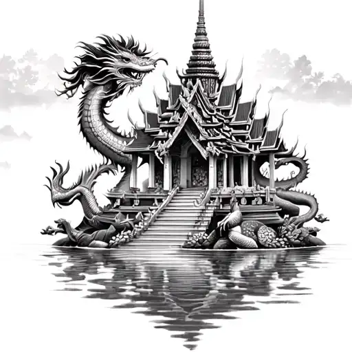 Thailand Temple Surrounded By Water Dragon And Family Tree